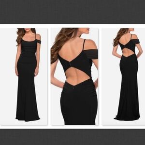 NEW La Femme Black Cut Out Back Off Shoulder Matte Jersey Sheath Gown  Size 00